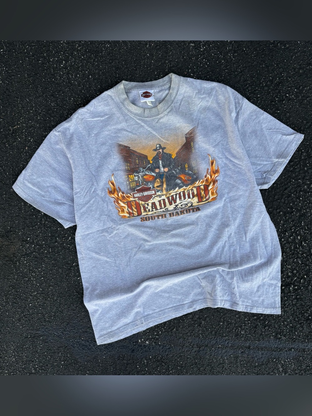 Vintage Harley Davidson Deadwood South Dakota Flame Graphic T-Shirt Grey Size XL